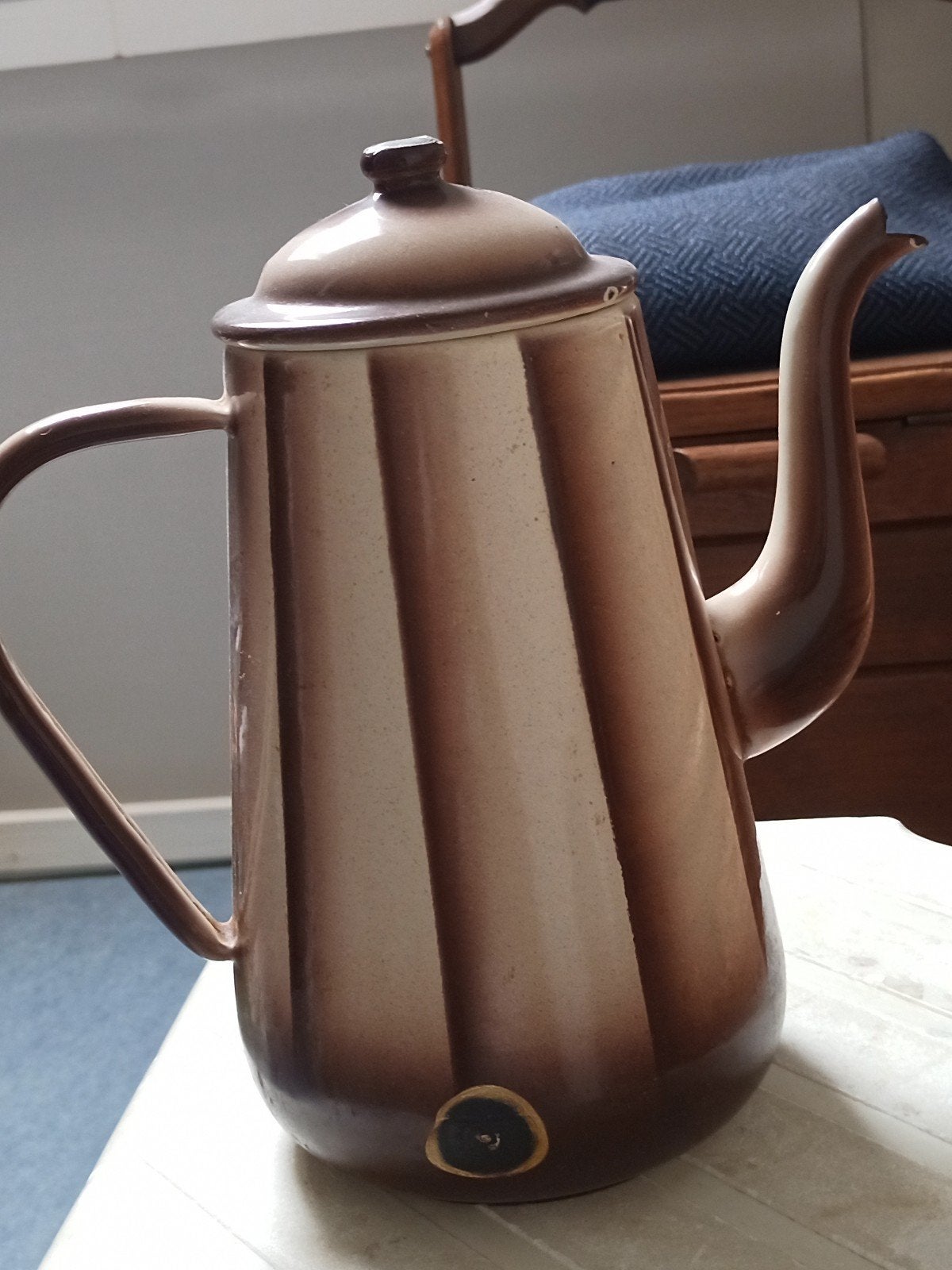 Antieke emaille koffiepot - Bruin gestreept design, Ophalen of Verzenden