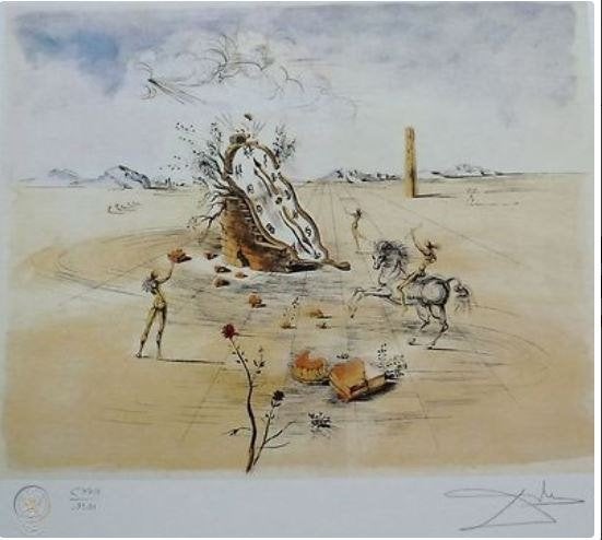 Salvador Dali(1904) Lithografie "Meeting space Time" Ges Gen, Personages en Fantasiefiguren, Ophalen of Verzenden, Lithografie