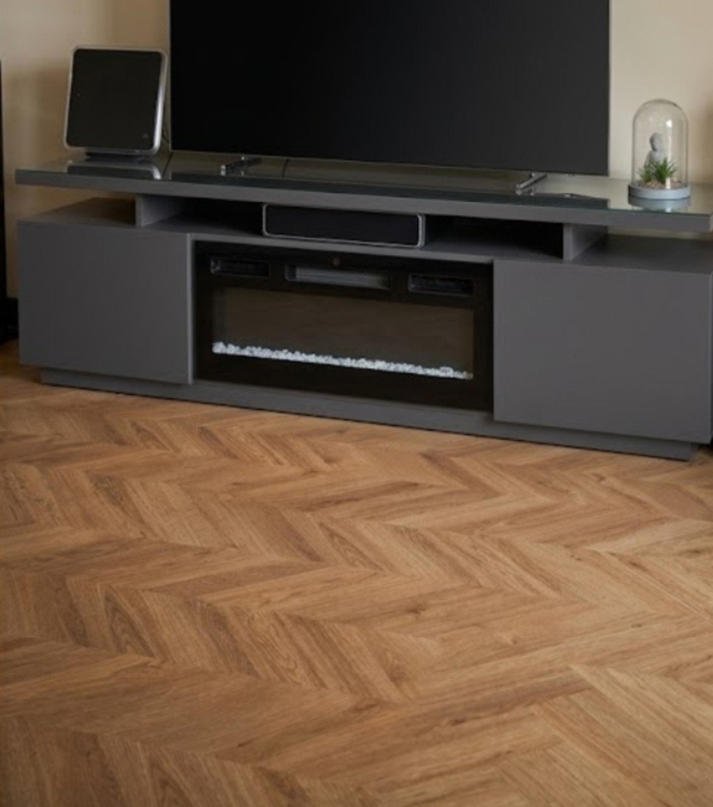 Luxe Antraciet TV-Kast met Elektrische Sfeerhaard&Glasplaat, Huis en Inrichting, Ophalen, 150 tot 200 cm, Zo goed als nieuw, Minder dan 100 cm