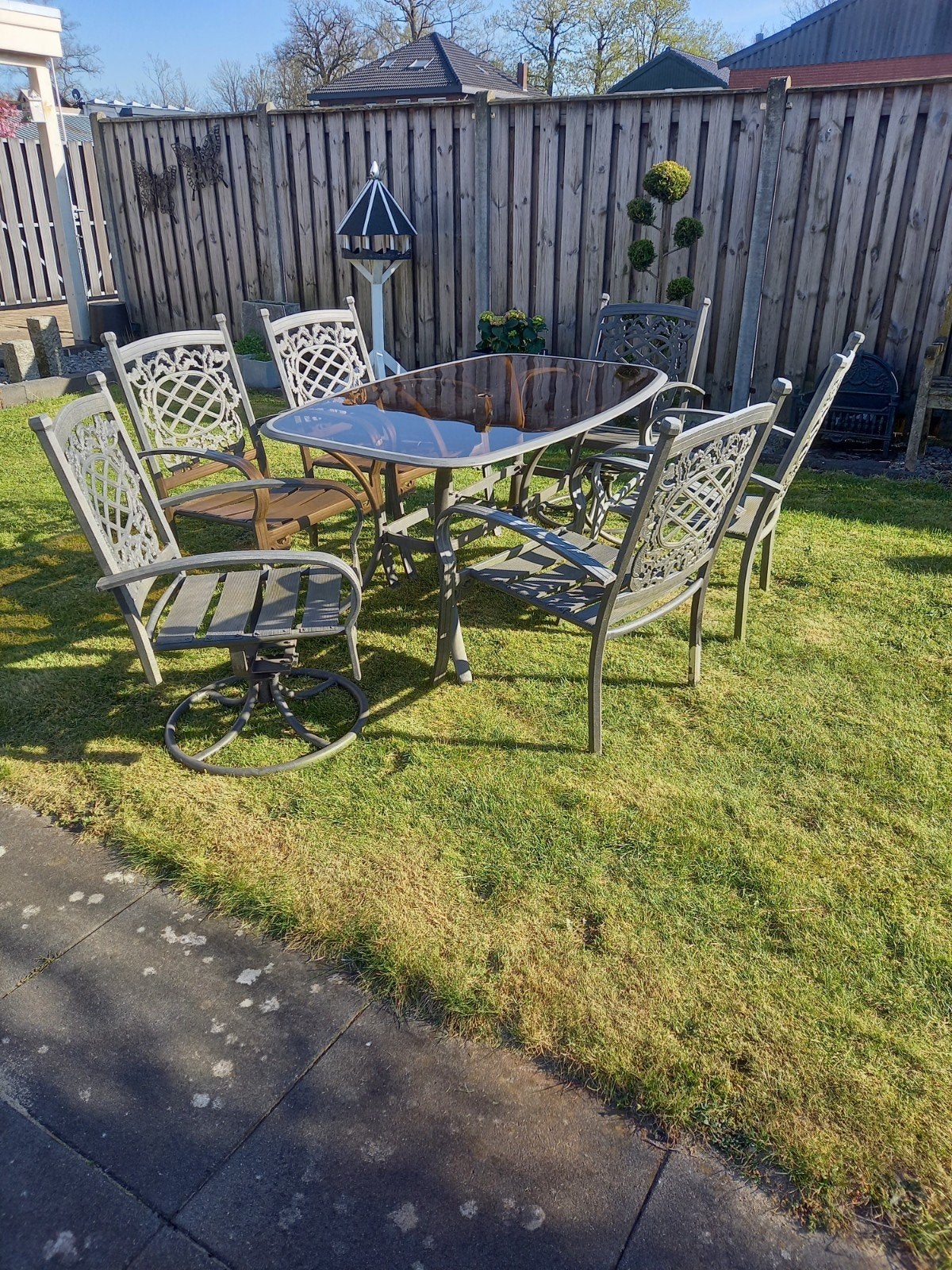 Complete metalen Tuinset met Glazen Tafel en 6 Stoelen, Ophalen, Gebruikt, 6 zitplaatsen, Tuinset