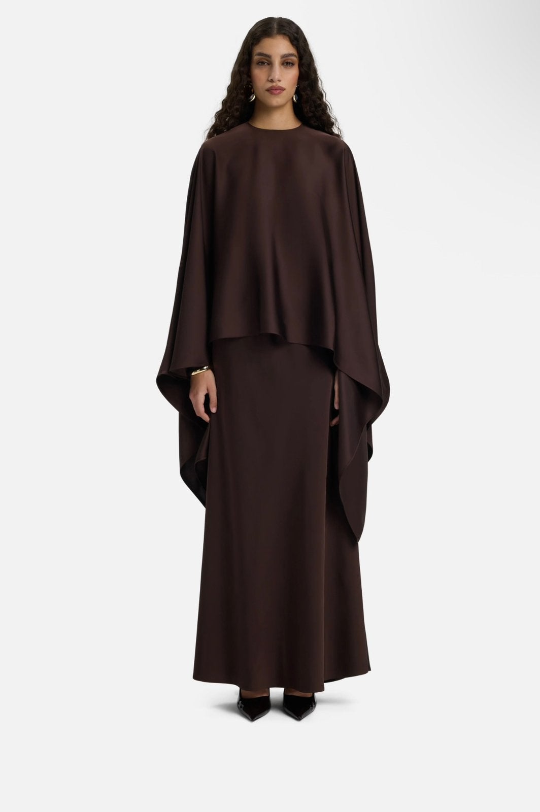 Merrachi set asymmetrische cape blouse met flowy rok, Kleding | Dames, Gelegenheidskleding, Overige typen, Bruin, Nieuw, Ophalen of Verzenden