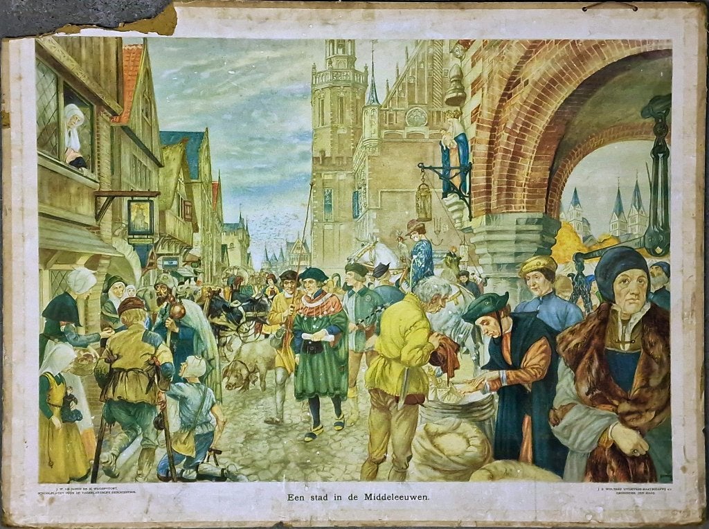 Een stad in de Middeleeuwen / J.H. Isings, Antiek en Kunst, Ophalen, Geschiedenis