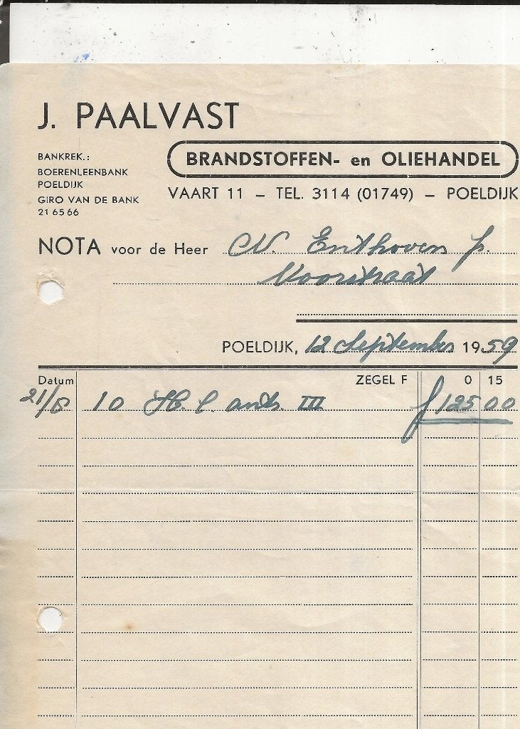 Naaldwijk J Paalvast Oliehandel Nota voor Nic Enthoven, Verzamelen, Ansichtkaarten | Nederland, Ophalen of Verzenden, 1940 tot 1960