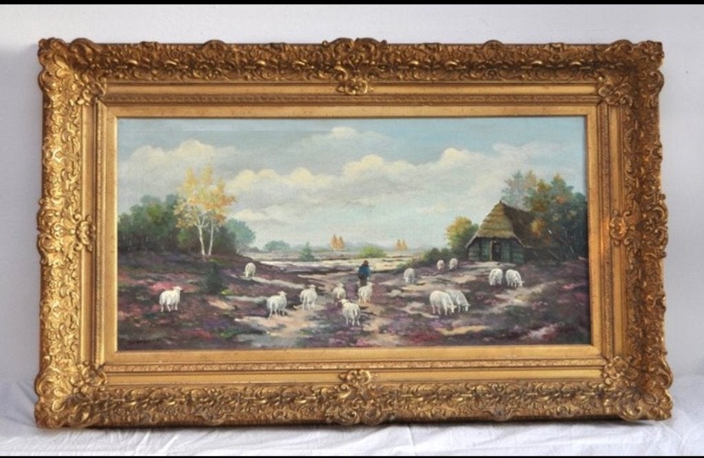 Schilderij H. Donkelaar - Schaapskudde op hei, Antiek en Kunst, Kunst | Schilderijen | Klassiek, Ophalen, Nederlandse school, Olieverf
