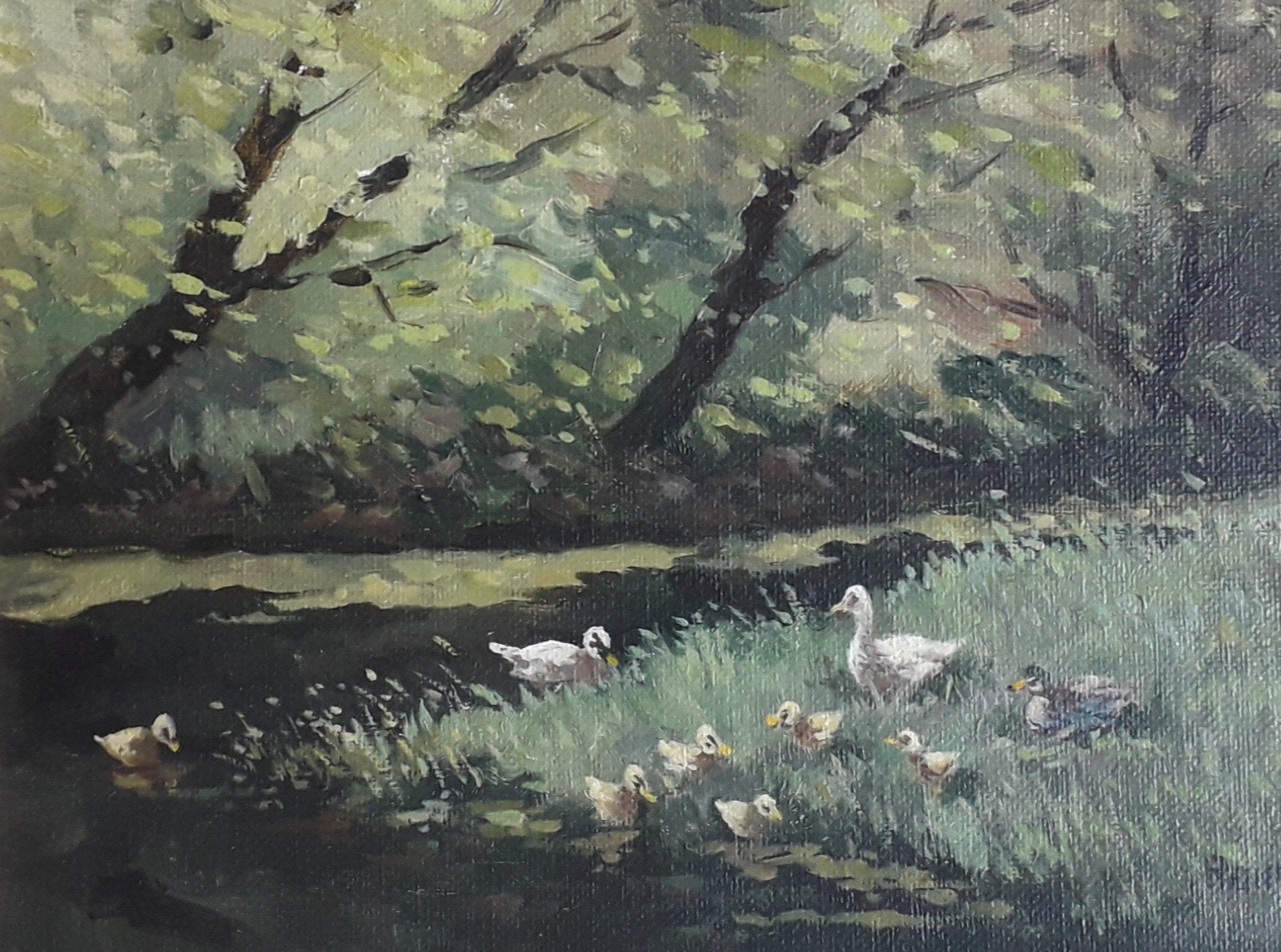 EENDEN MET KUIKENTJES AAN HET WATER 🐤 STIJL CONSTANT ARTZ, Doek, Olieverf, Dieren, Impressionistisch