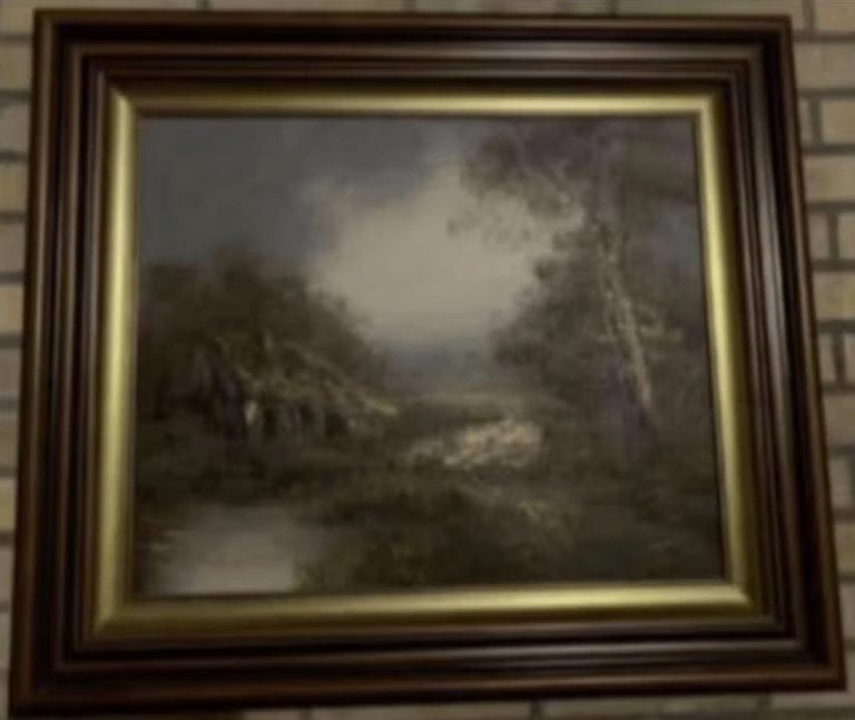 Schilderij mooie lijst; A Plasman; stilleven, huis water bo, Ophalen