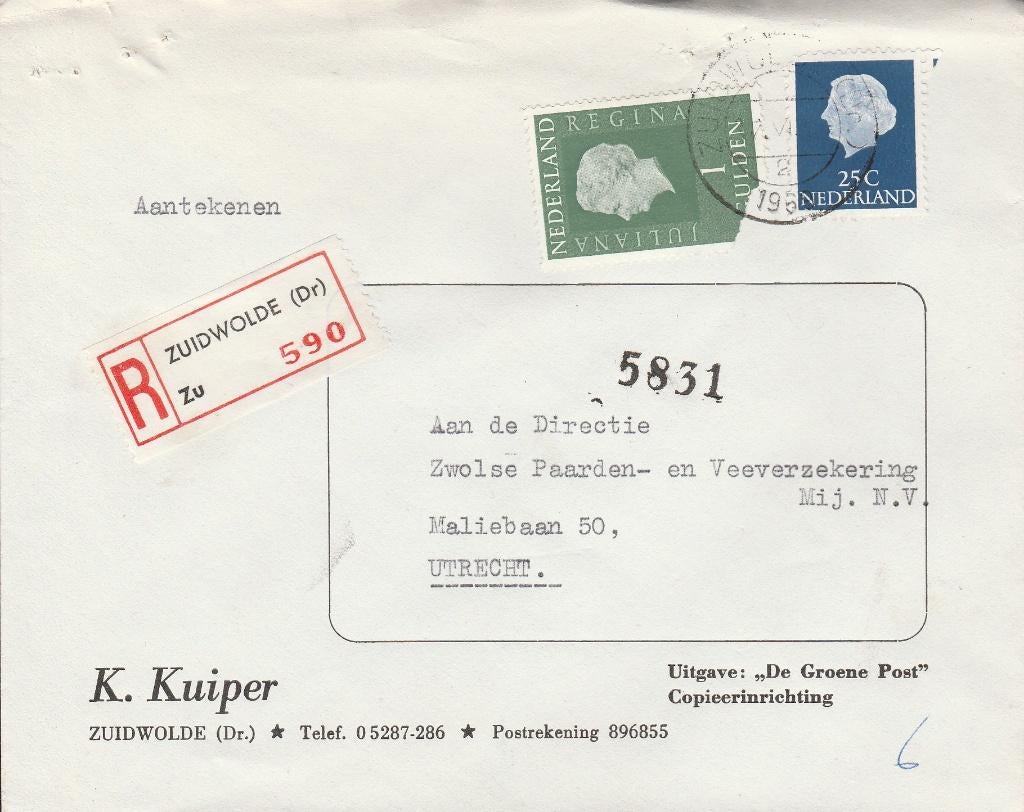 ZUIDWOLDE (Dr) aanget.  K KUIPER Uitgave DE GROENE POST 1969, Verzamelen, Ansichtkaarten | Nederland, Ophalen of Verzenden, 1960 tot 1980