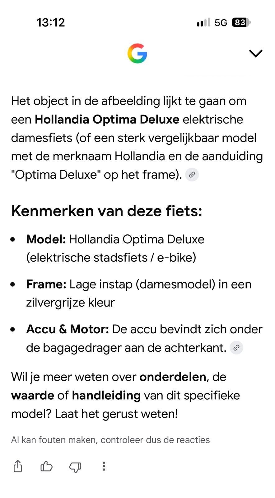 Hollandia Optima Deluxe E-bike - Zo goed als nieuw, Ophalen, Zo goed als nieuw