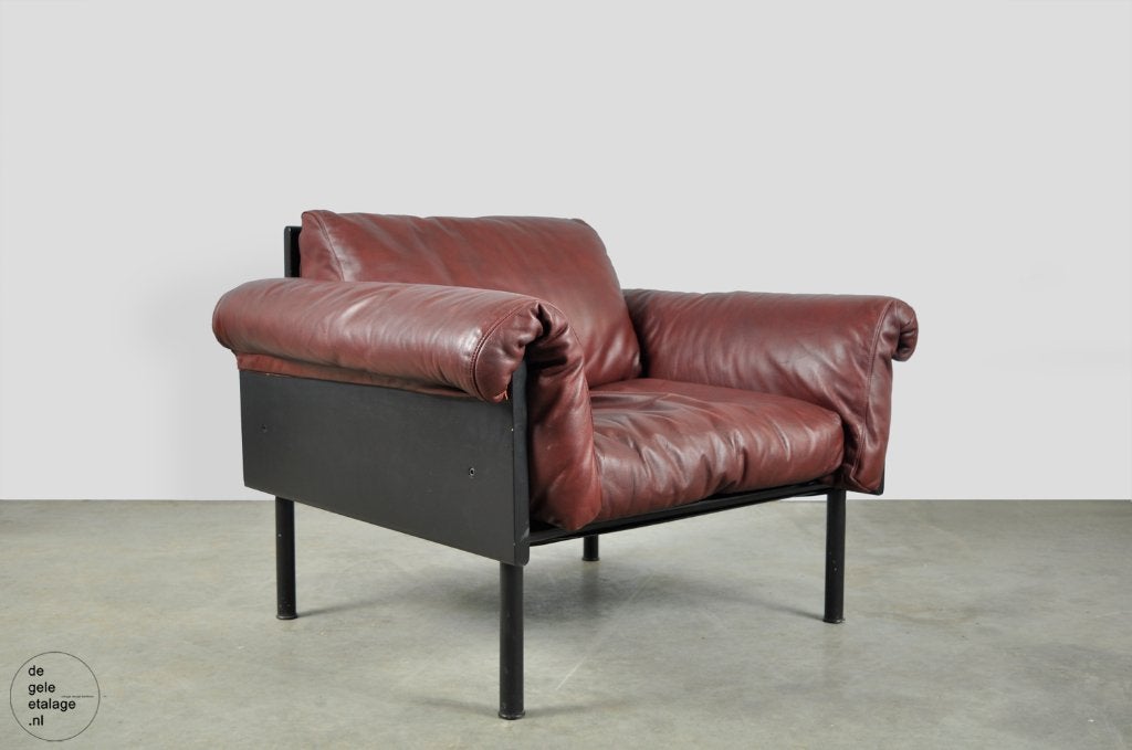 🟡Vintage Scandinavische bordeaux rode leren fauteuil, 1960s, Huis en Inrichting, Fauteuils, Gebruikt, Onbekend, 75 tot 100 cm