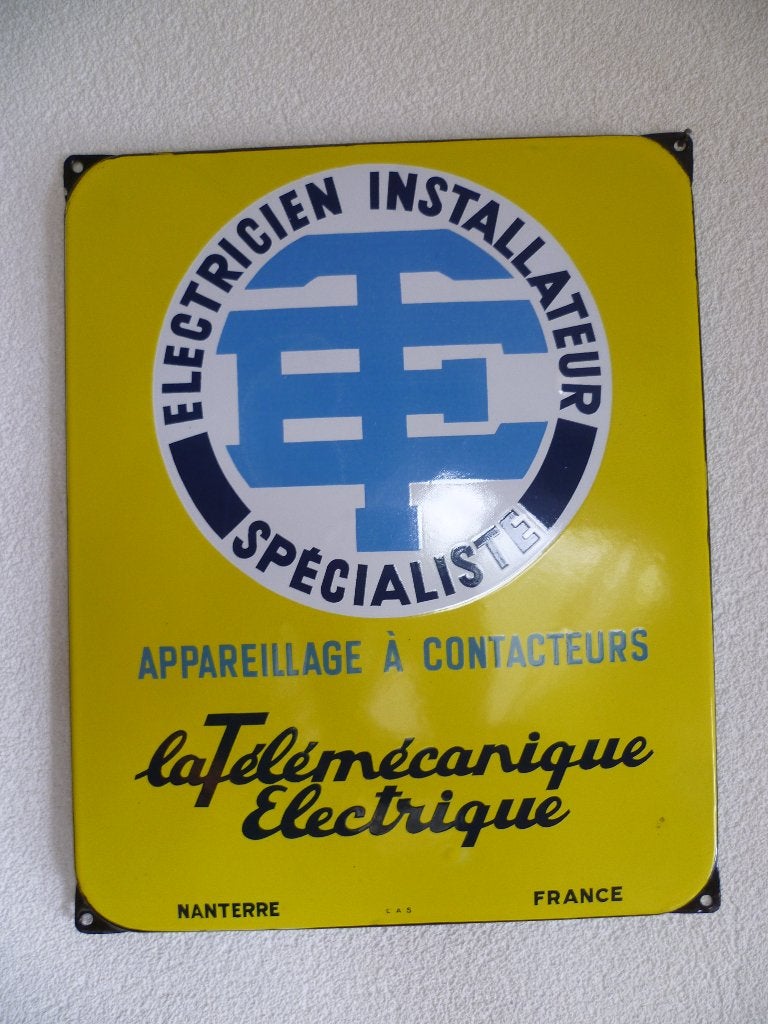 EMAILLE RECLAMEBORD"ELECTRICIEN INSTALLATEUR SPECIALISTE", Verzamelen, Ophalen of Verzenden, Zo goed als nieuw, Reclamebord