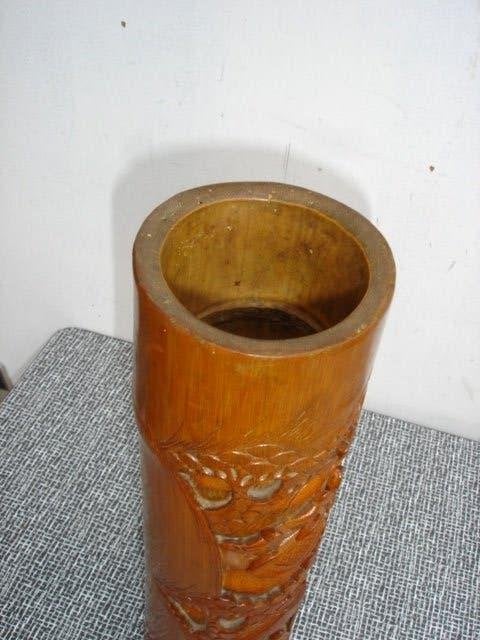 Vintage Chinese bamboe vaas/ penselen-pot snijwerk, Antiek en Kunst, Natuurlijk materiaal, Overige typen, Ophalen of Verzenden