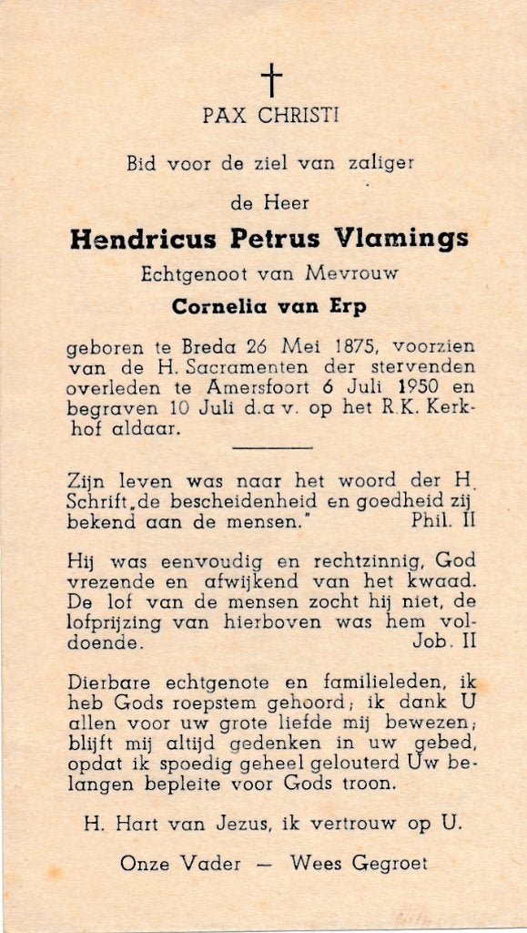 Vlamings Hendricus  1875 Breda 1950 Amersfoort, Ophalen of Verzenden, Bidprentje