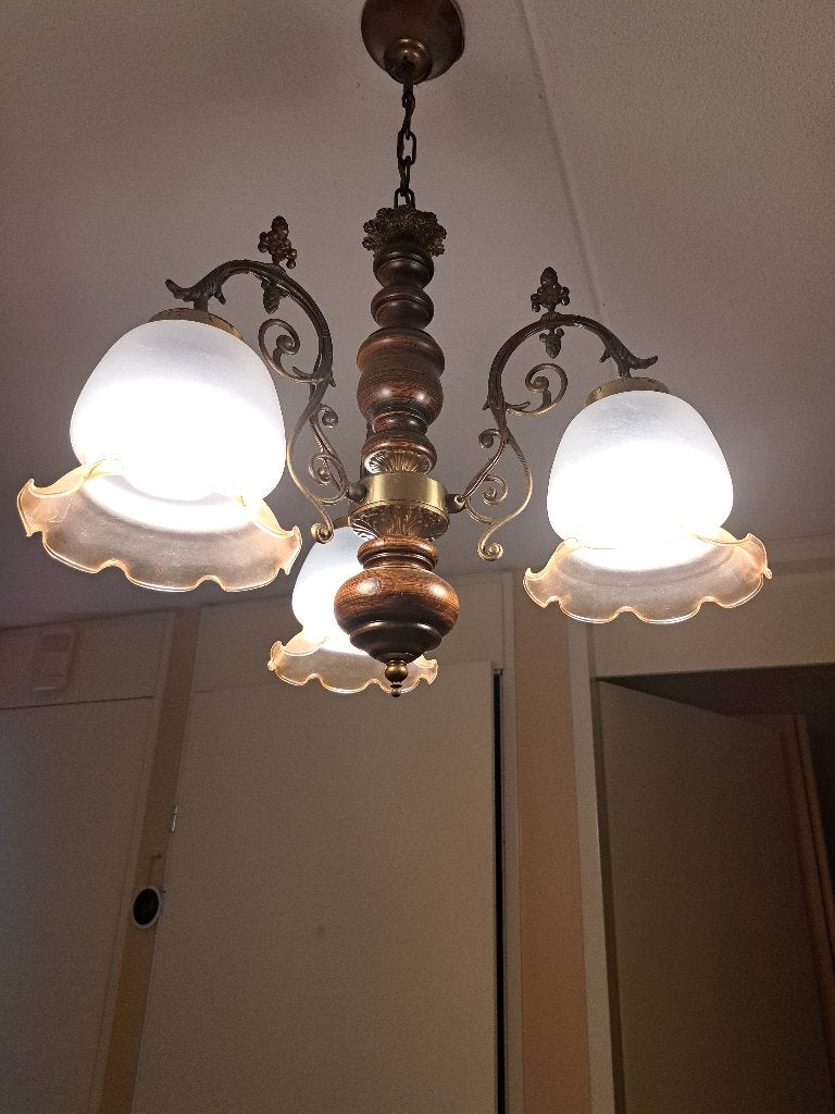 hanglamp-donker eiken hout met 3 lampen, Ophalen, Gebruikt, Glas