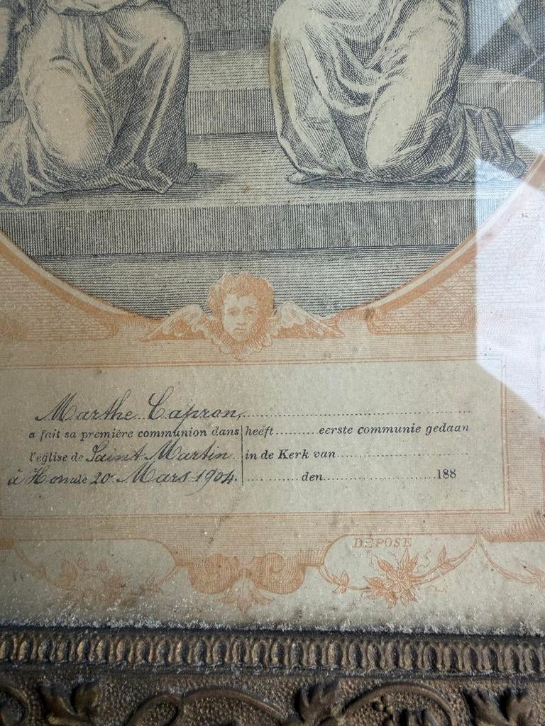 Antieke Communieprent 1904 in Sierlijst - Religieuze Kunst, Antiek en Kunst, Antiek | Religie, Ophalen