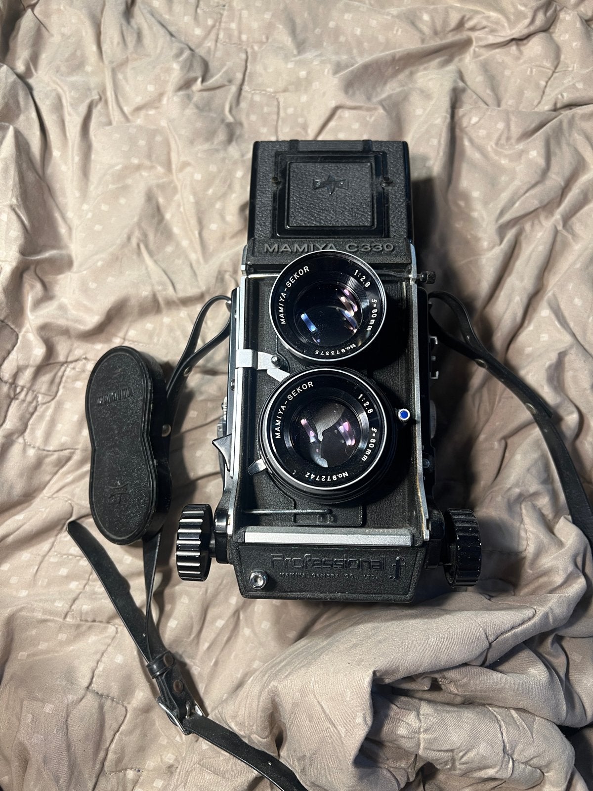 Mamiya C330 Pro F met 80mm Blue Dot lens en lederen case, Ophalen, Gebruikt, Spiegelreflex, Overige Merken