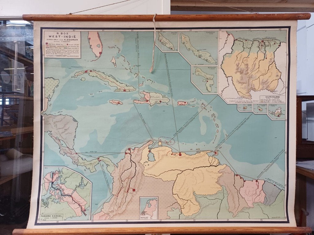 Landkaart / schoolkaart Noordhoff West Indië, Antiek en Kunst, Antiek | Schoolplaten, Ophalen of Verzenden, Aardrijkskunde