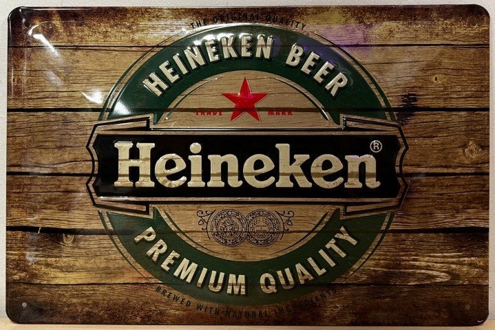 Heineken bier logo hout look relief reclamebord van metaal