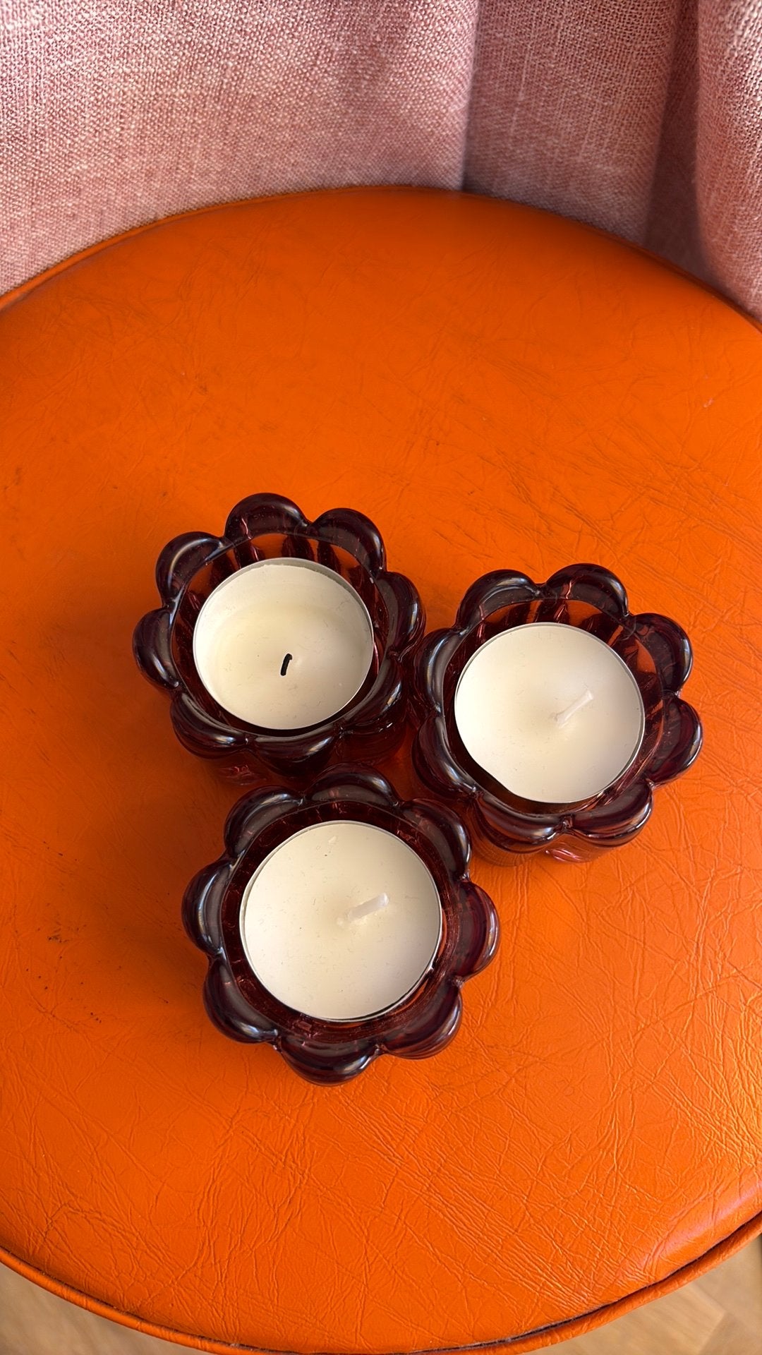 Waxinelichthouders lila glas, Ophalen of Verzenden, Zo goed als nieuw, Overige materialen, Minder dan 25 cm