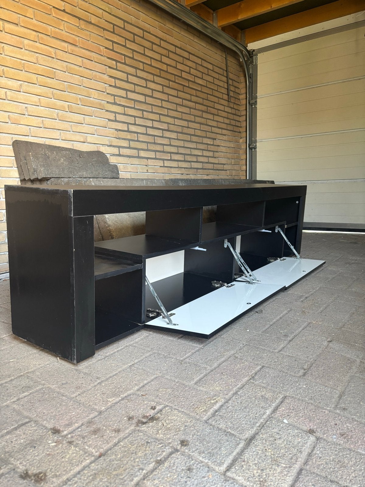 Zwart TV-meubel / Kast met opbergruimte, Ophalen, Gebruikt, 200 cm of meer, Minder dan 100 cm