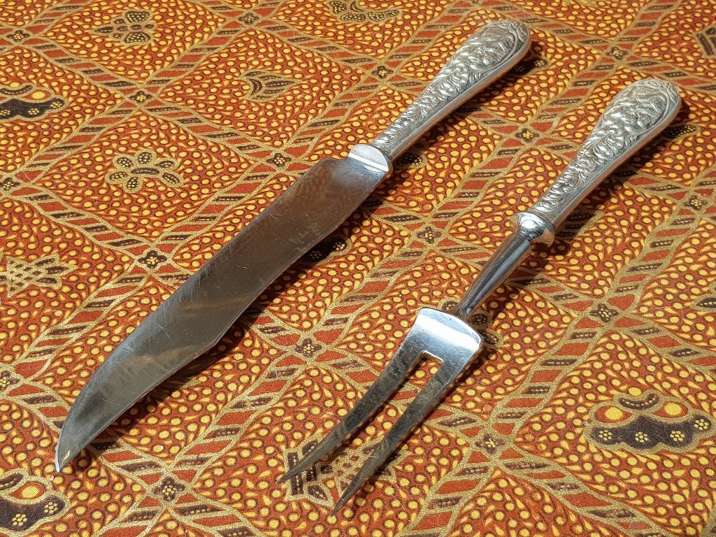 Mooi origineel antiek silverplate vleesbestek uit Engeland., Antiek en Kunst, Ophalen of Verzenden