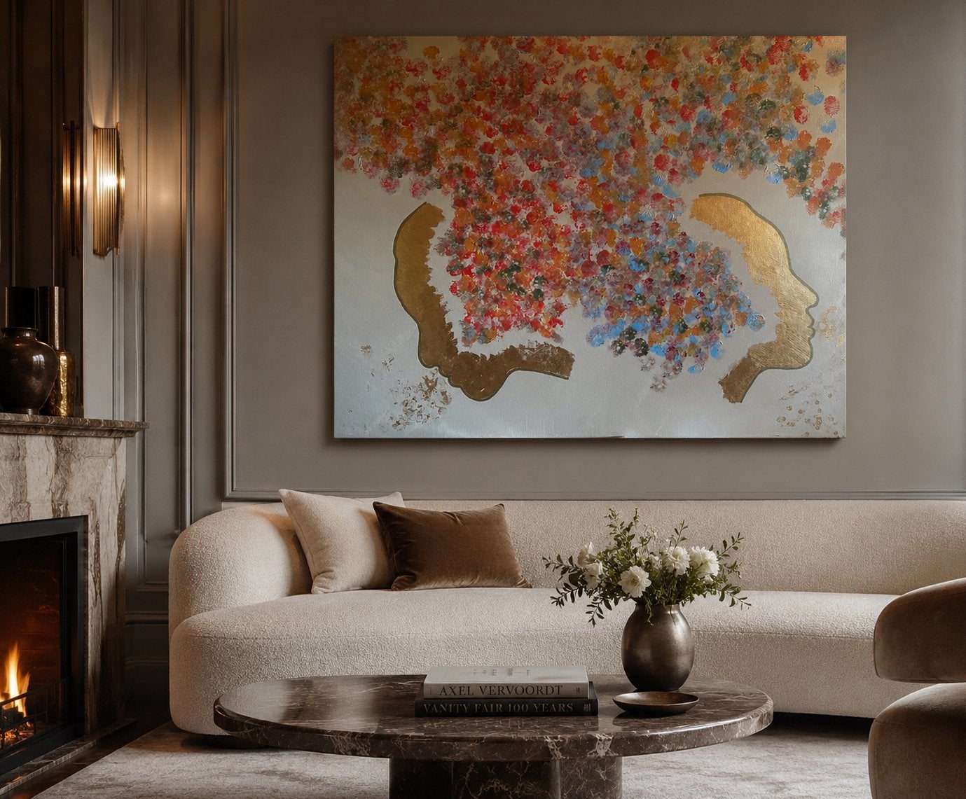 Abstract schilderij “2 gezichten” met 23 3/4 krt  bladgoud, Verzenden