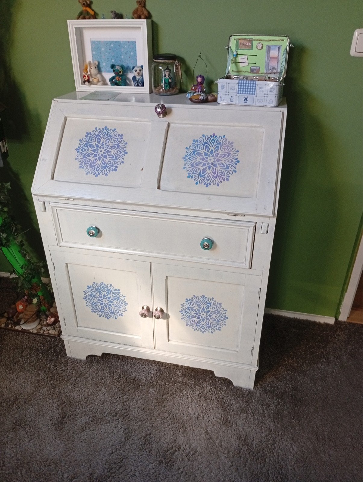 Uniek handgeschilderd secretaire bureau, Ophalen of Verzenden, Gebruikt, Bohemian, Handgeschilderd, Vintage