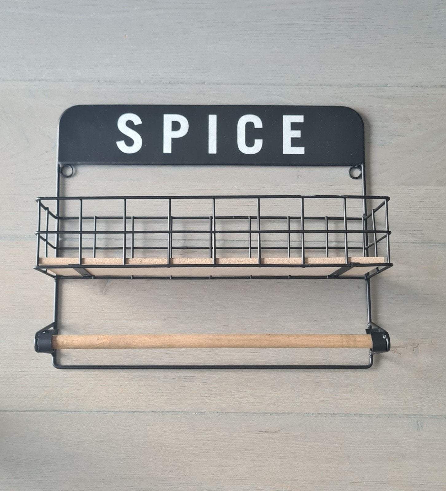 Spice rek met keukenrolhouder - Zwart metaal en hout, Ophalen, Overige typen, Zo goed als nieuw, Zwart