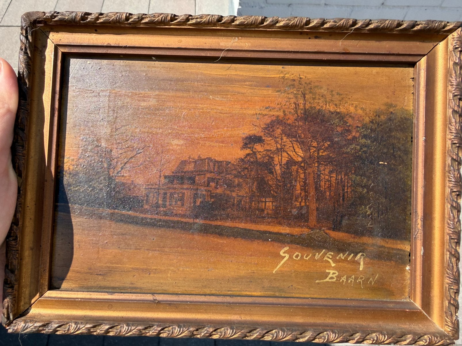 Vintage schilderij “Souvenir Baarn” in sierlijst, Antiek en Kunst, Ophalen of Verzenden