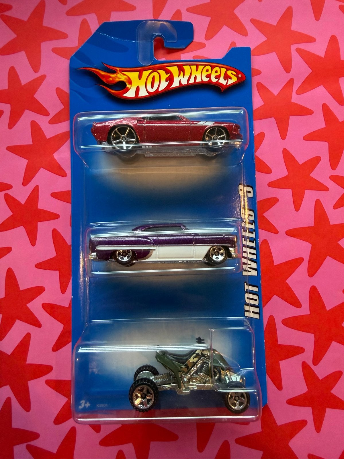 Hot Wheels 3-pack: Rode auto, paarse auto, quad (nieuw), Ophalen of Verzenden, Nieuw
