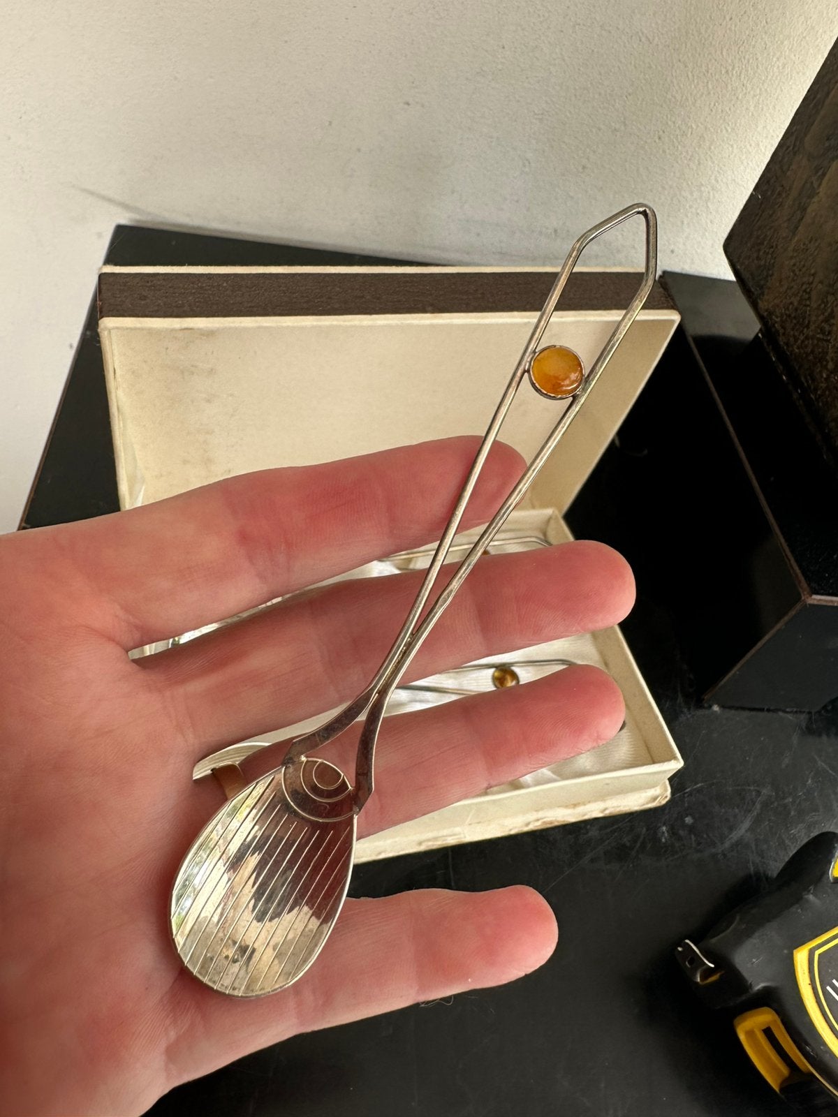 6 art deco verzilverde lepels met Amber / Barnsteen, Ophalen of Verzenden, Gebruikt