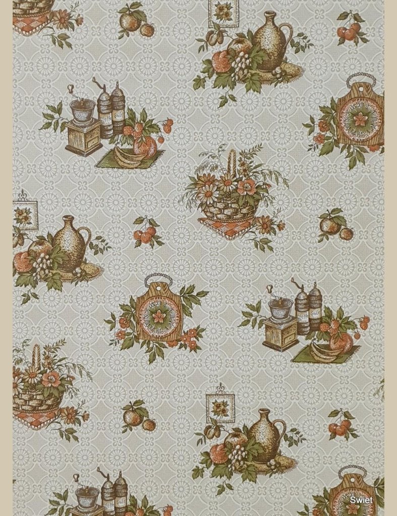 13949 retro behang keuken fruit mand molen jaren 50 swiet, Ophalen of Verzenden, Bruin