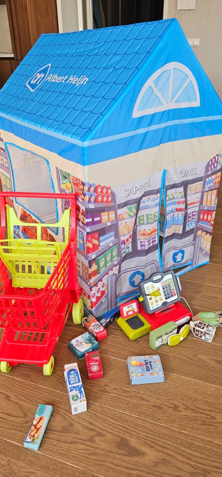 Compleet Albert Heijn winkeltje met kassa en boodschappen, Kinderen en Baby's, Ophalen, Zo goed als nieuw, Jongen of Meisje