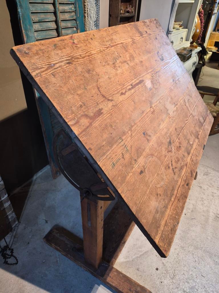 Oude Industriële Tekentafel - Vintage Houten Werktafel, Ophalen, Gebruikt, Minder dan 130 cm