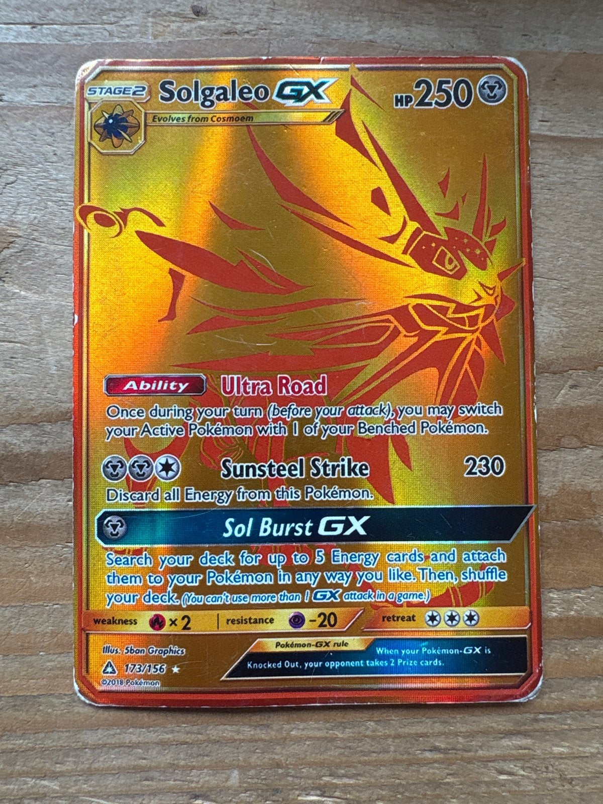 Pokémon Solgaleo GX Full Art 173/156 Sun & Moon Ultra Prism, Ophalen of Verzenden, Gebruikt, Losse kaart, Foil