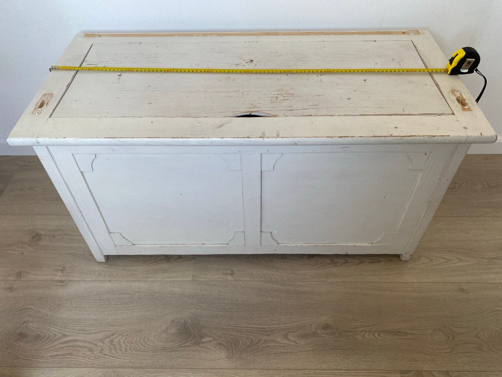 Vintage houten kist / dekenkist - wit geverfd, Huis en Inrichting, 50 – 75, Gebruikt, 100 tot 150 cm, Ophalen of Verzenden