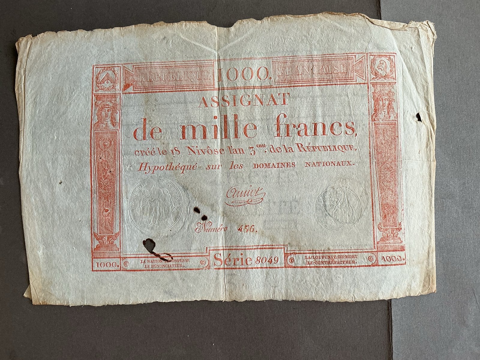 Historisch document: Assignat de mille francs (1794), Postzegels en Munten, Ophalen of Verzenden