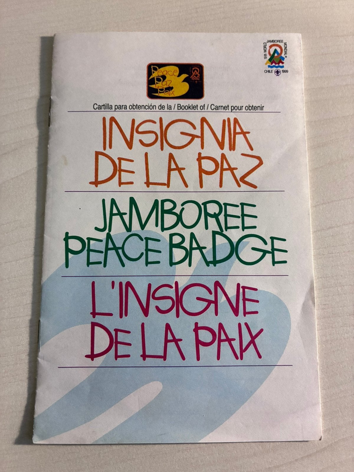 Scouting: wereld jamboree 1999 peace badge boekje, Ophalen of Verzenden, Zo goed als nieuw, Overige typen
