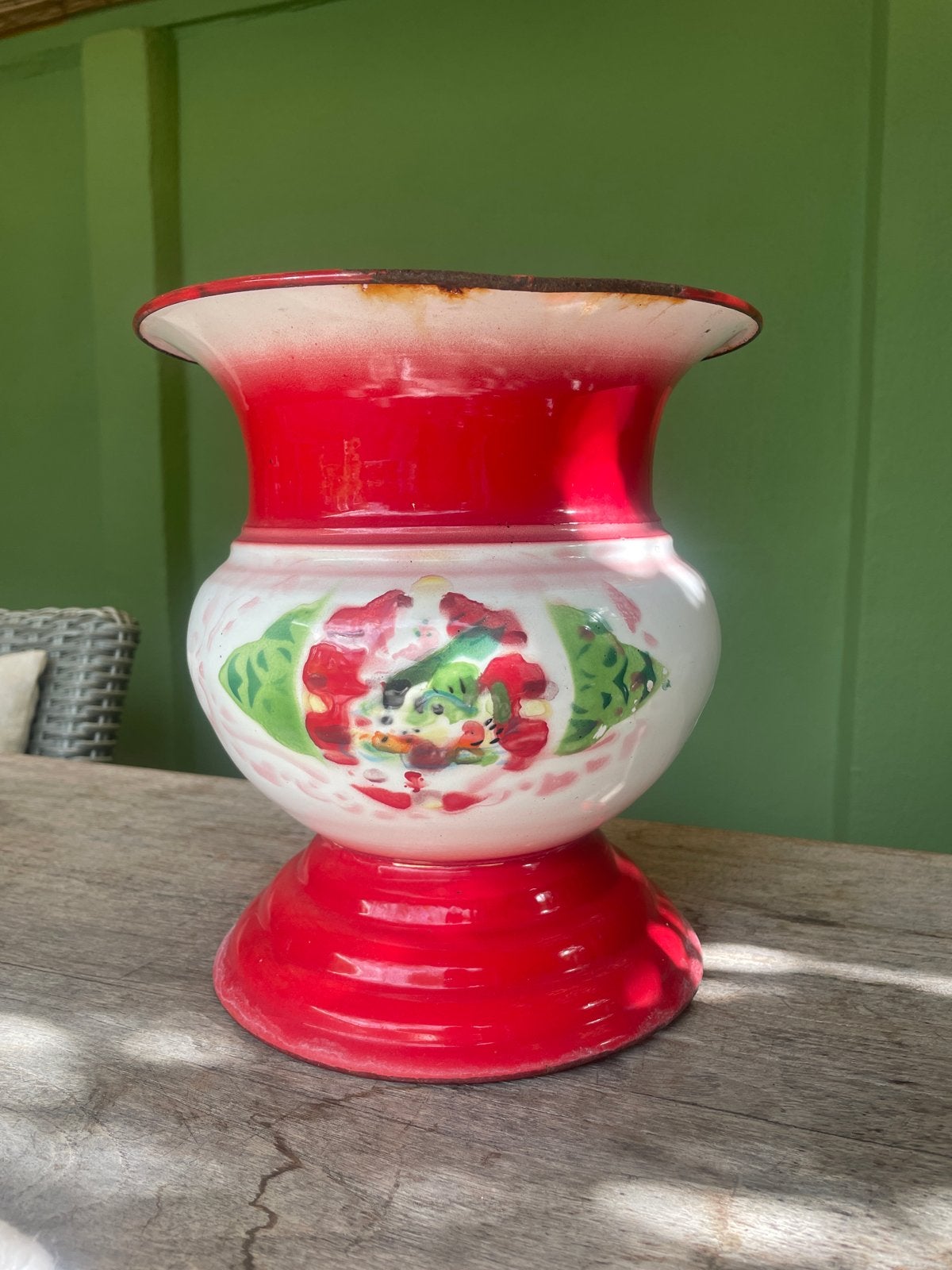 Kleurrijke vintage emaille bloempot, Ophalen of Verzenden