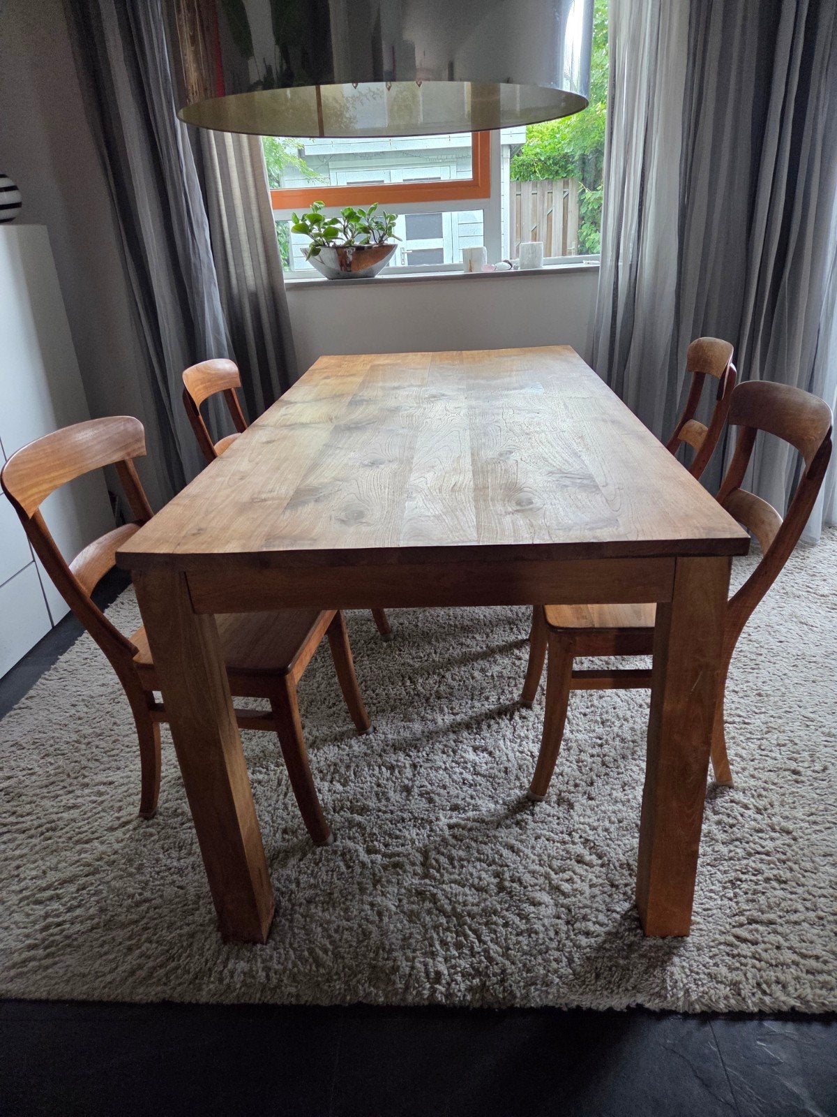 Hardhouten Teak Eettafel met Stoelen - Tijdloos Design, Huis en Inrichting, Ophalen, Gebruikt, Teakhout, 200 cm of meer