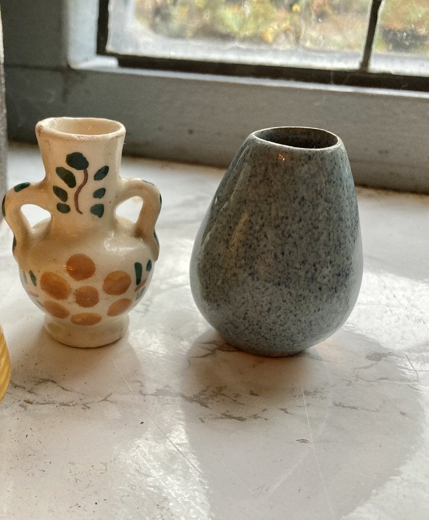 Vintage mini 2 vaasjes kleine potjes keramiek folklore retro, Ophalen of Verzenden