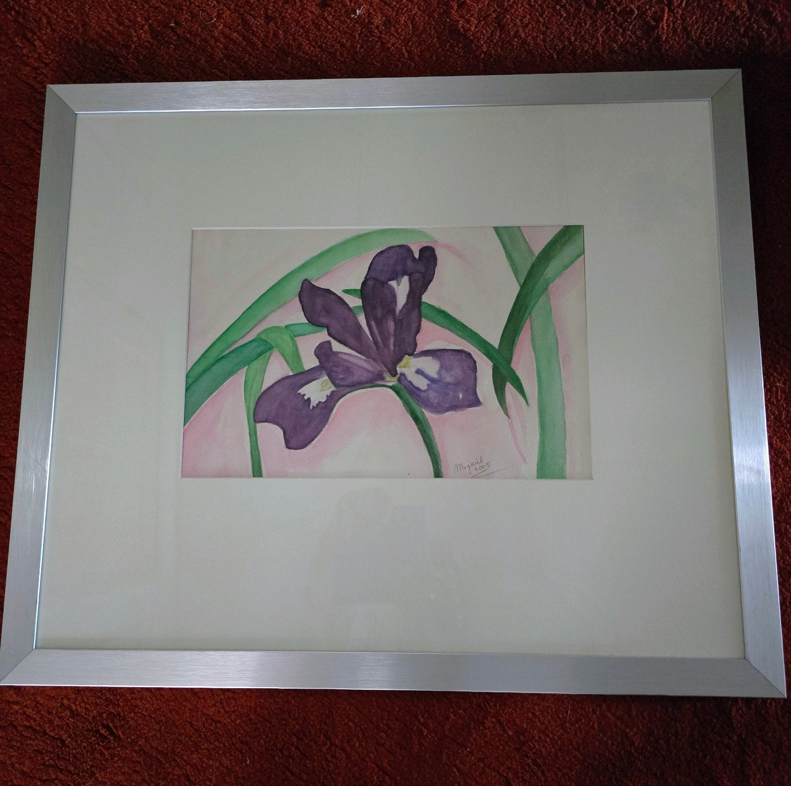 Ingelijste aquarel van een paarse iris, Antiek en Kunst, Realistisch, Origineel werk, Aquarel, Papier