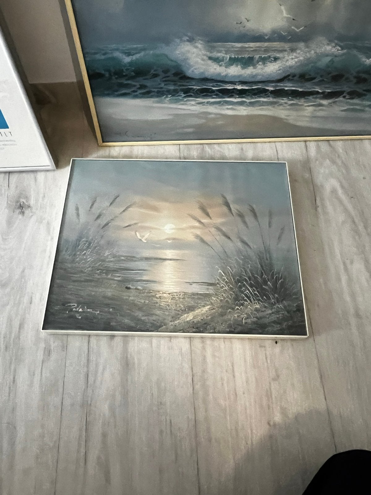Fotolijsten zonsondergang aan het water met riet en vogels, Ophalen, Maritiem / water, Doek, Realistisch