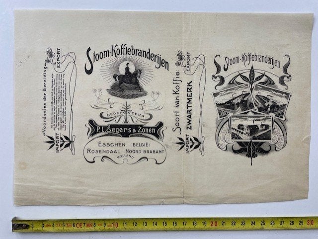 etiket stoom-koffiebranderijen P.L. Segers Rosendaal 1900, Antiek, Antiek, Antiek, Gebruikt