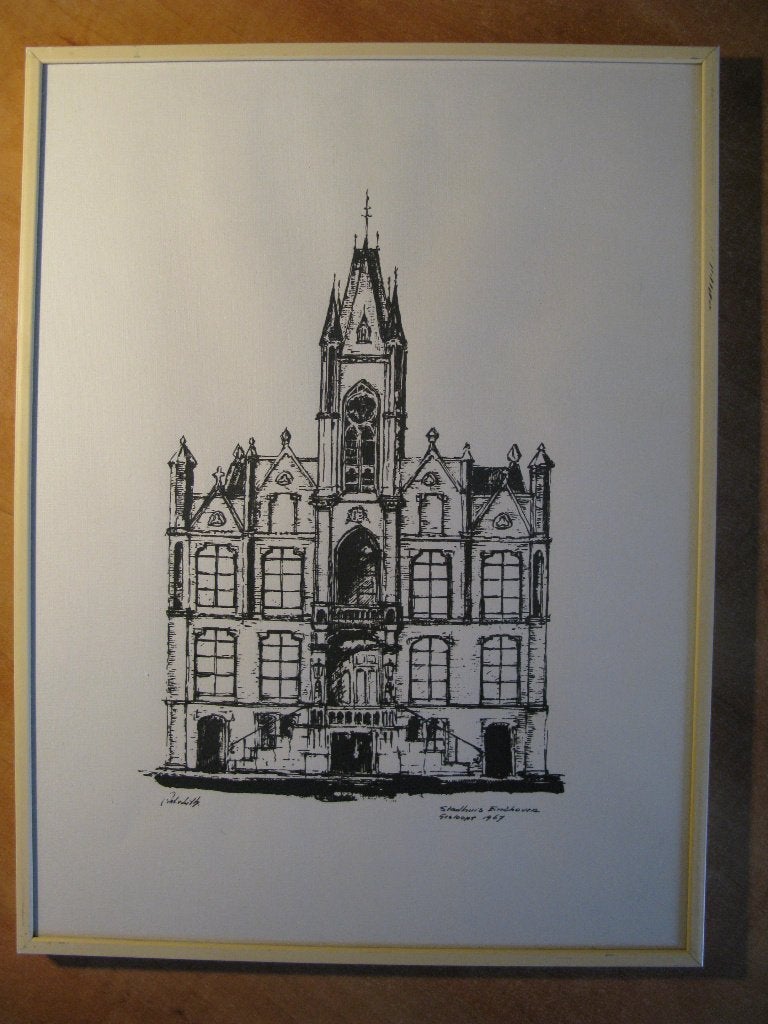 gedrukte prent oude stadhuis Eindhoven door Ant. v. Lith, 1960 tot 1980, Gebruikt, Ophalen of Verzenden, Gebouw