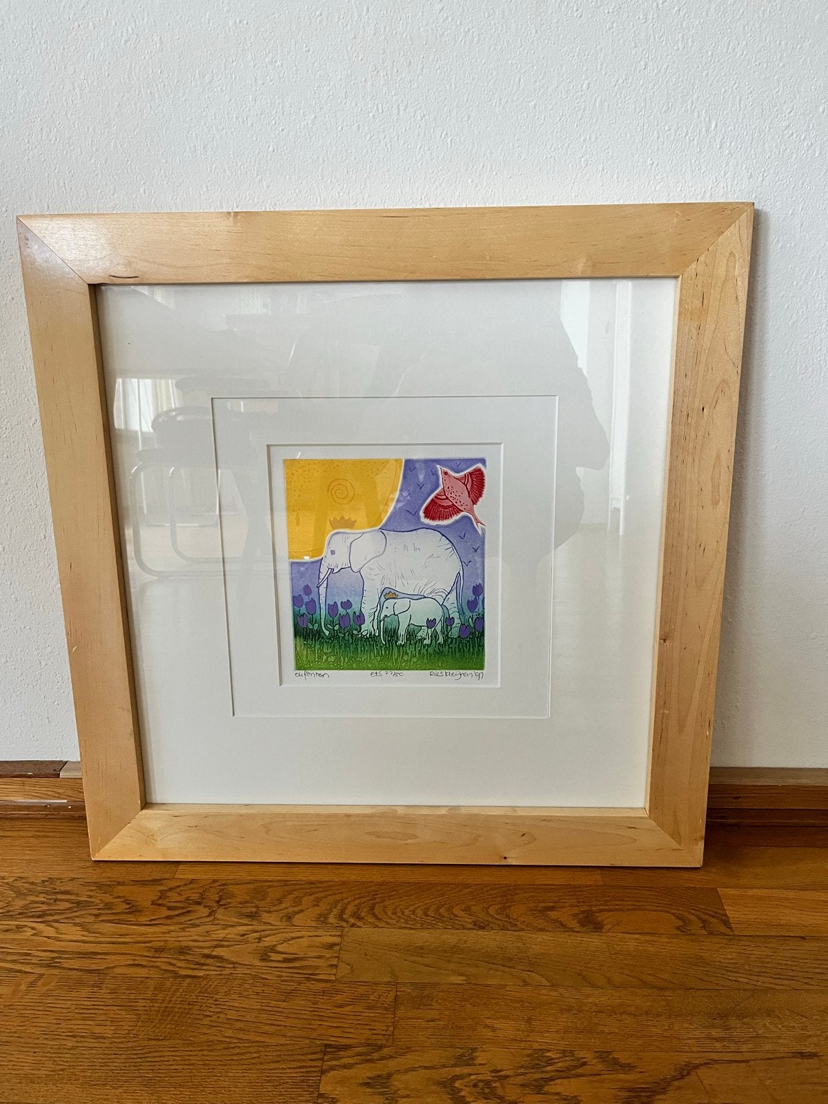 Originele ets van olifanten, ingelijst, Antiek en Kunst, Ophalen, Origineel, Flora en Fauna, 1950 - 1999