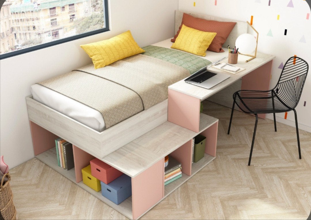 bed met opbergruimte en bureau, Ophalen, Zo goed als nieuw, 85 tot 100 cm, Lattenbodem