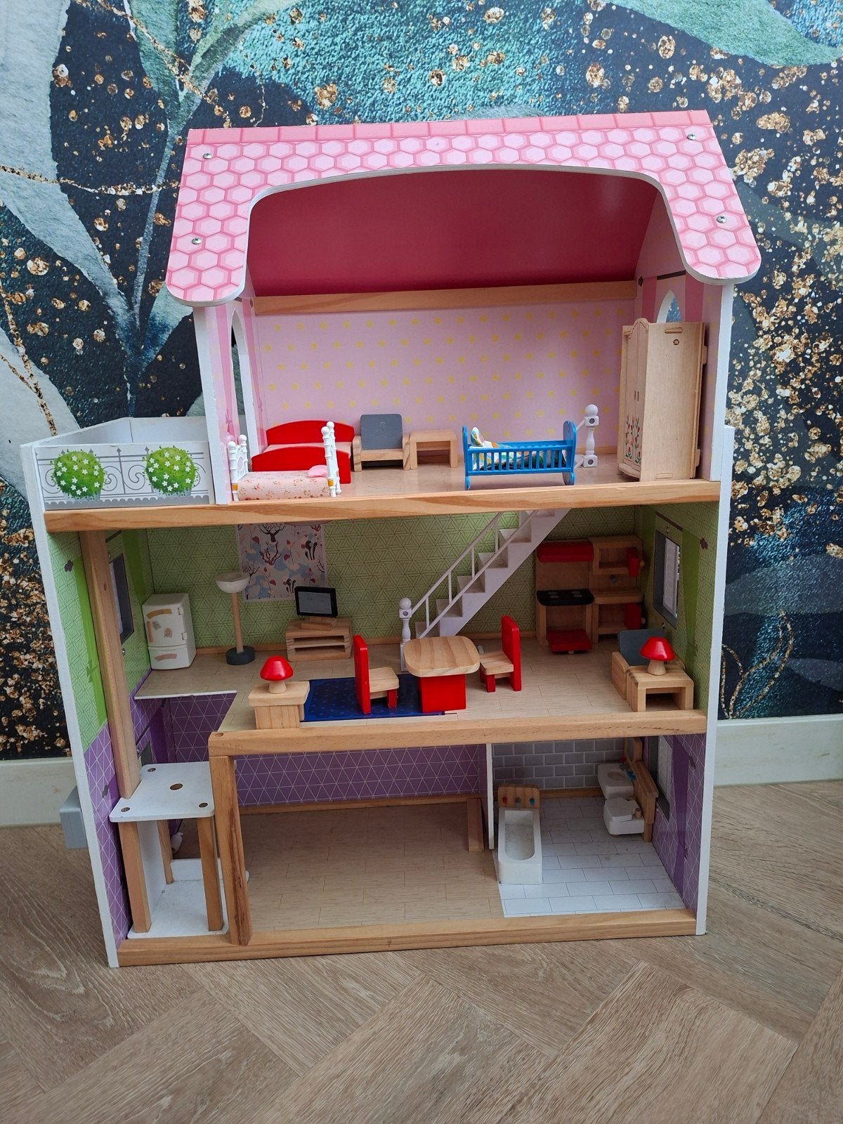 Stevig houten poppenhuis met 3 verdiepingen, Ophalen, Gebruikt, Poppenhuis