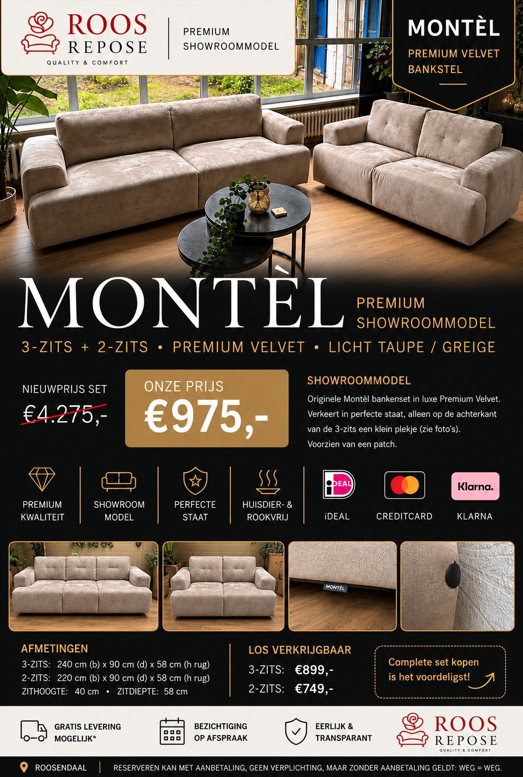 MONTÈL PREMIUM VELVET | 3-ZITS + 2-ZITS | SHOWROOMMODEL, Luxe, Nieuw, 75 tot 100 cm, Ophalen of Verzenden