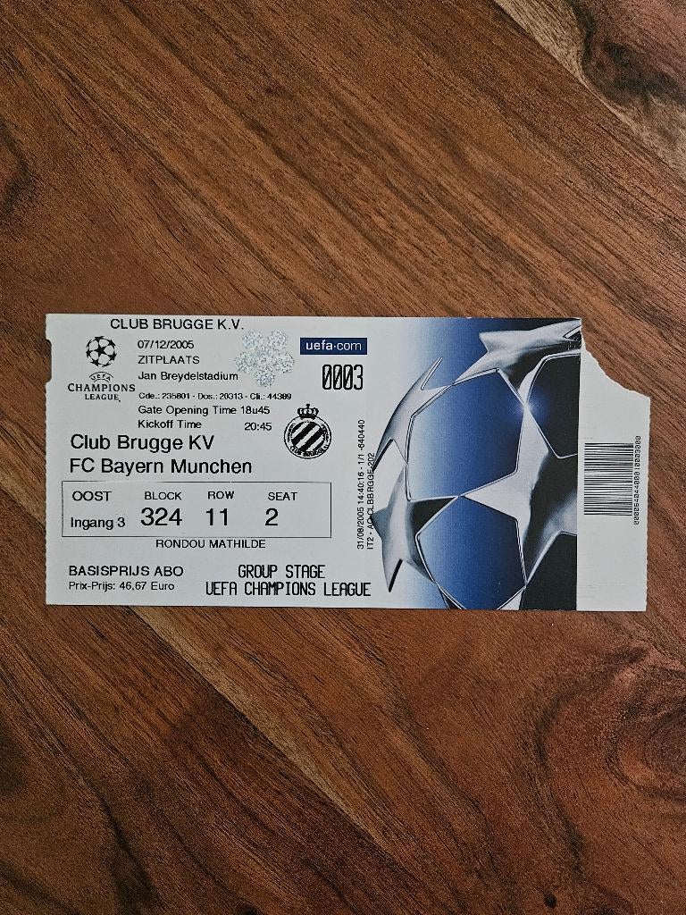 ⚽ Ticket CL Club Brugge - Bayern Munchen 2005/2006 ⚽, Verzenden, Zo goed als nieuw, Buitenlandse clubs, Overige typen