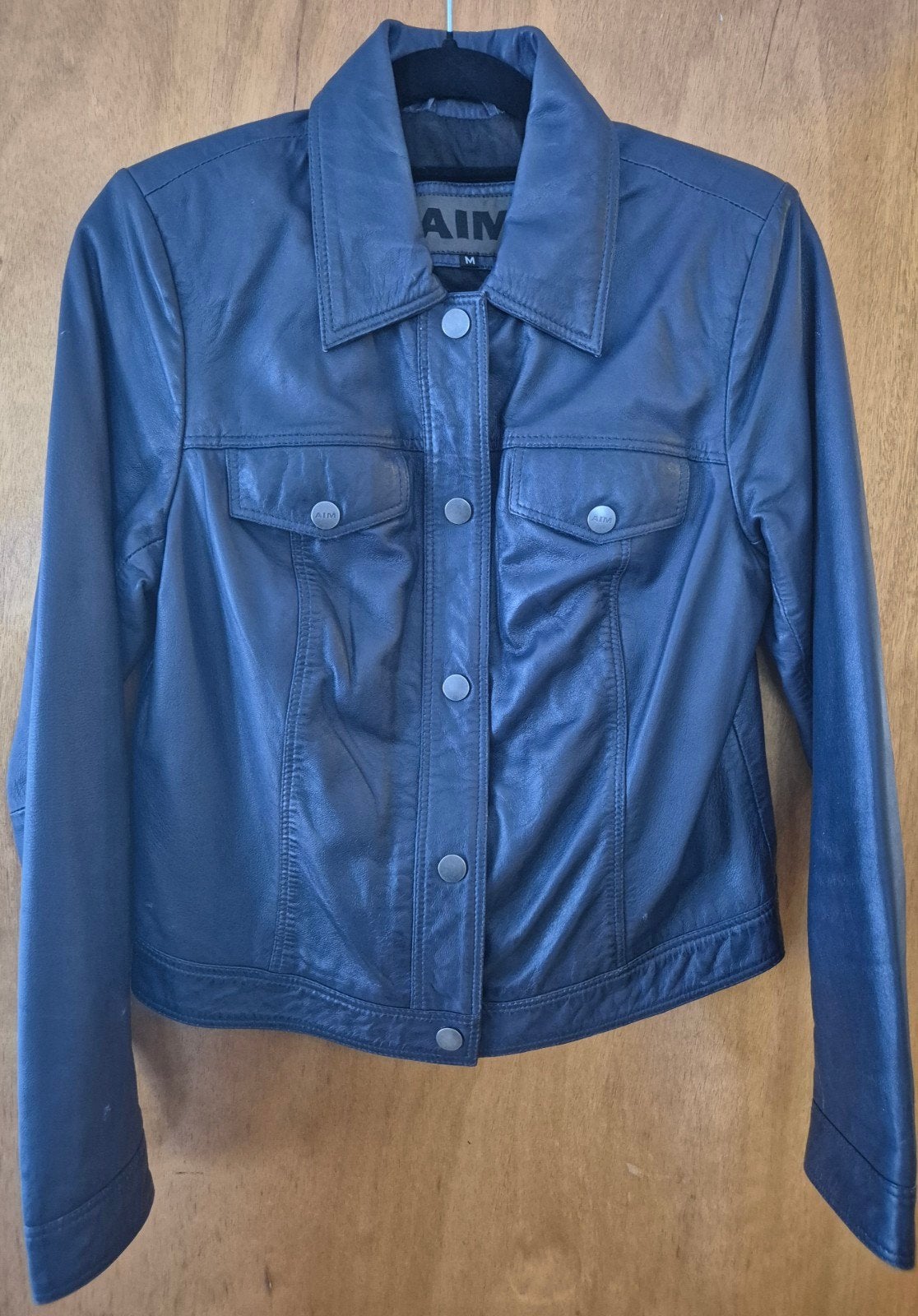 AIM Donkerblauwe lederen jas, maat M, zo goed als nieuw, Kleding | Dames, Maat 38/40 (M), Ophalen of Verzenden, Zo goed als nieuw